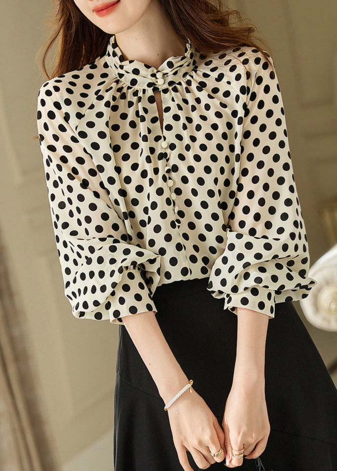 Elegant Beige Stand Collar Dot Print Chiffon Shirts Long Sleeve WW008 OL-LTP240812