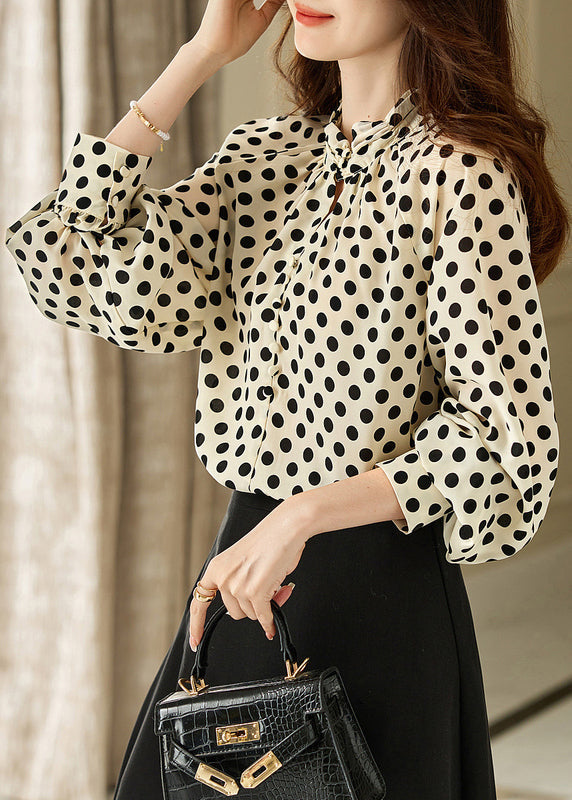 Elegant Beige Stand Collar Dot Print Chiffon Shirts Long Sleeve WW008 OL-LTP240812