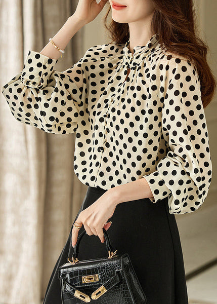 Elegant Beige Stand Collar Dot Print Chiffon Shirts Long Sleeve WW008 OL-LTP240812