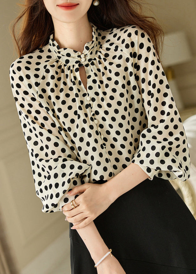 Elegant Beige Stand Collar Dot Print Chiffon Shirts Long Sleeve WW008 OL-LTP240812