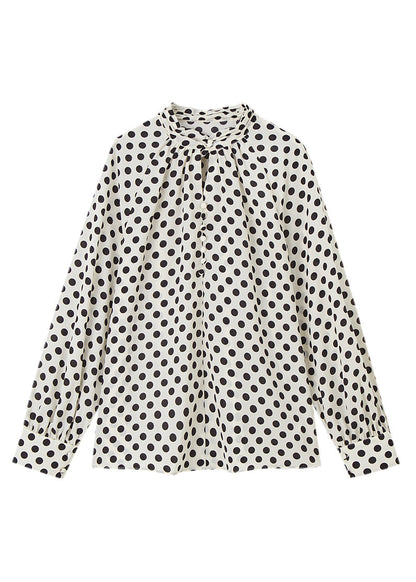 Elegant Beige Stand Collar Dot Print Chiffon Shirts Long Sleeve WW008 OL-LTP240812