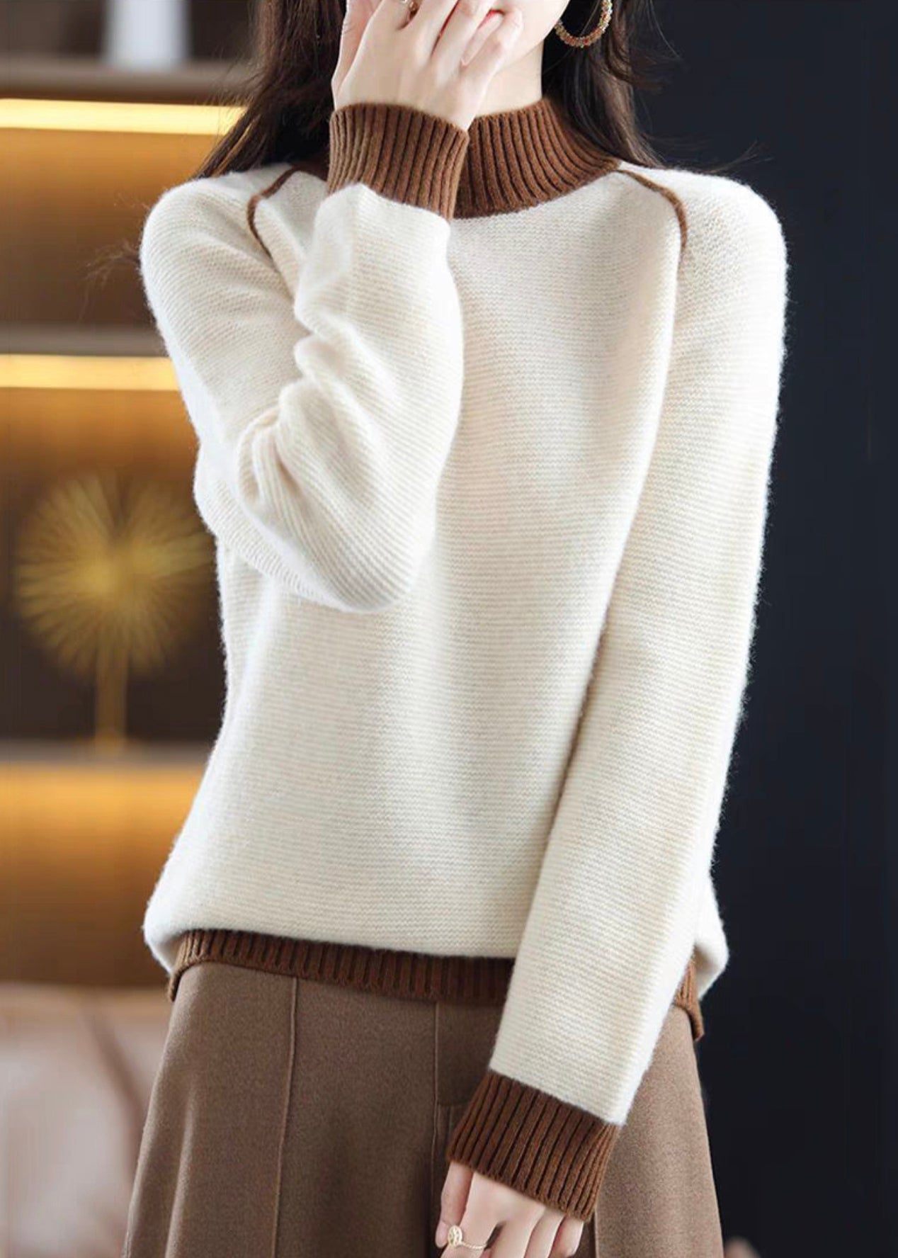 Elegant Brown Turtleneck Cozy Patchwork Wool Knit Sweaters QI042 OM-BB241005