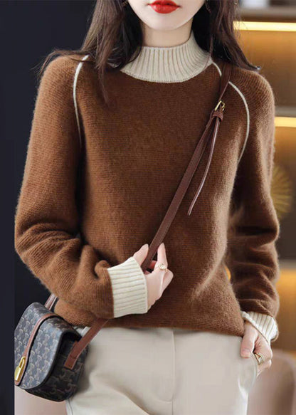 Elegant Brown Turtleneck Cozy Patchwork Wool Knit Sweaters QI042 OM-BB241005