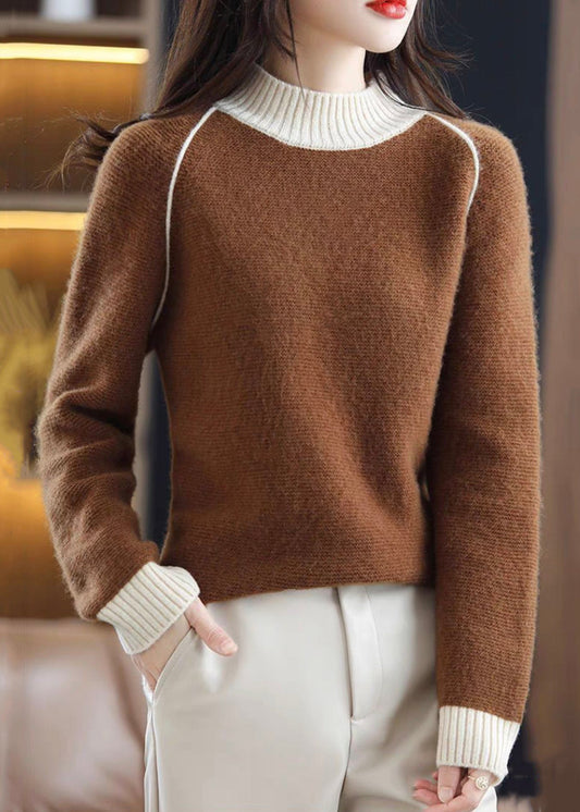 Elegant Brown Turtleneck Cozy Patchwork Wool Knit Sweaters QI042 OM-BB241005
