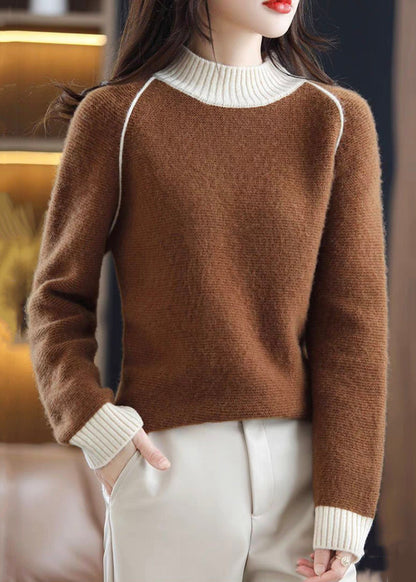 Elegant Beige Turtleneck Cozy Patchwork Wool Knit Sweaters Fall QI047 OM-BB241005