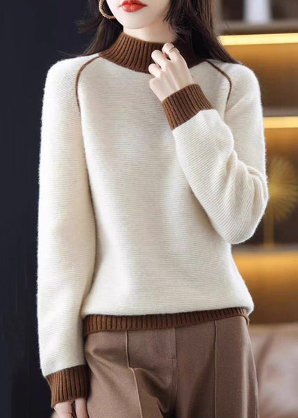 Elegant Brown Turtleneck Cozy Patchwork Wool Knit Sweaters QI042 OM-BB241005