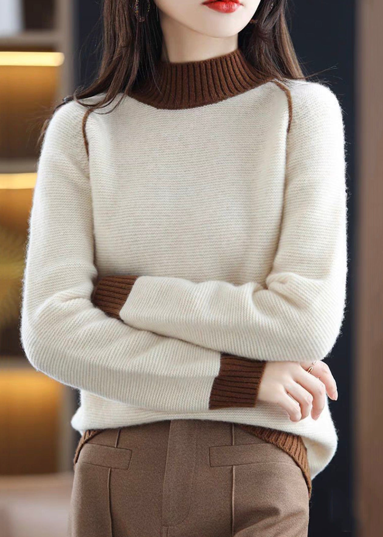 Elegant Beige Turtleneck Cozy Patchwork Wool Knit Sweaters Fall QI047 OM-BB241005