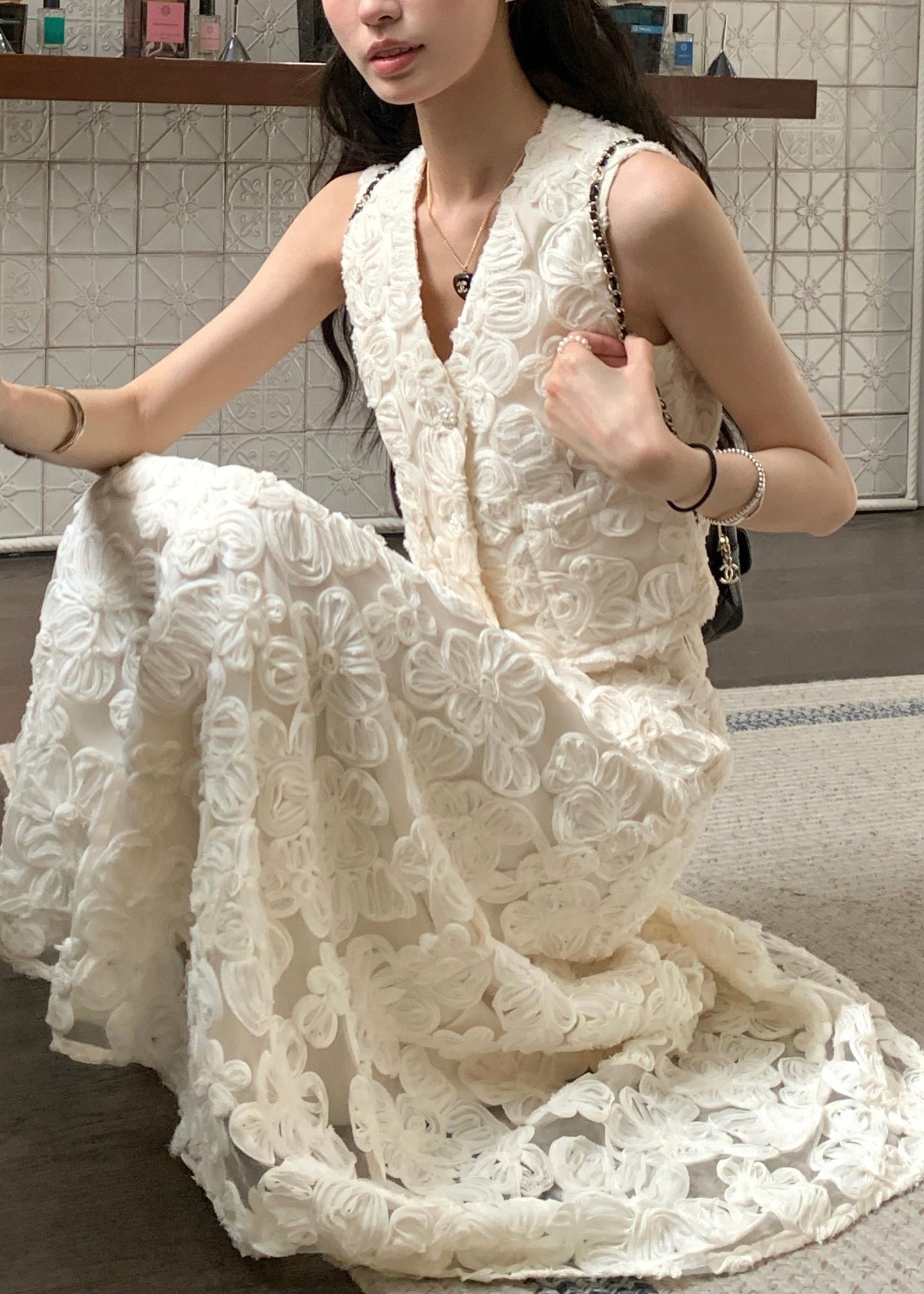 Elegant Beige Neck Cotton Floral V Two Set Pieces Waist High FashionChic