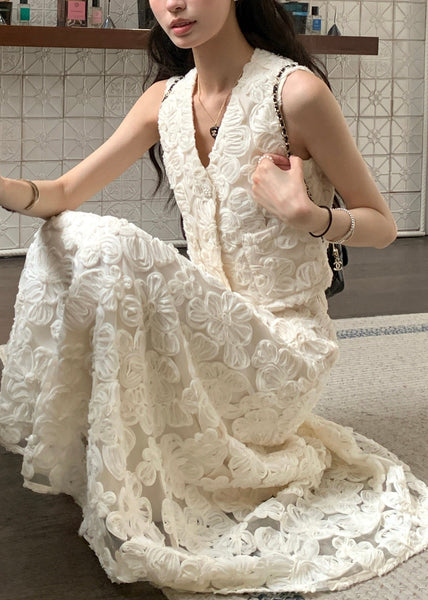 Elegant Beige Neck Cotton Floral V Two Set Pieces Waist High FashionChic