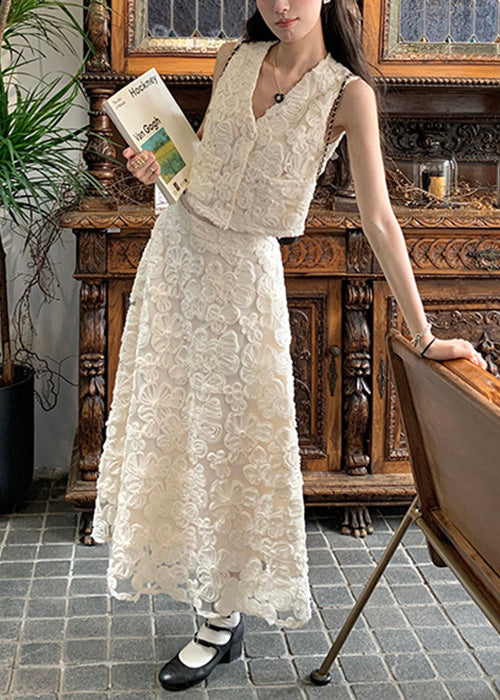 Elegant Beige Neck Cotton Floral V Two Set Pieces Waist High FashionChic