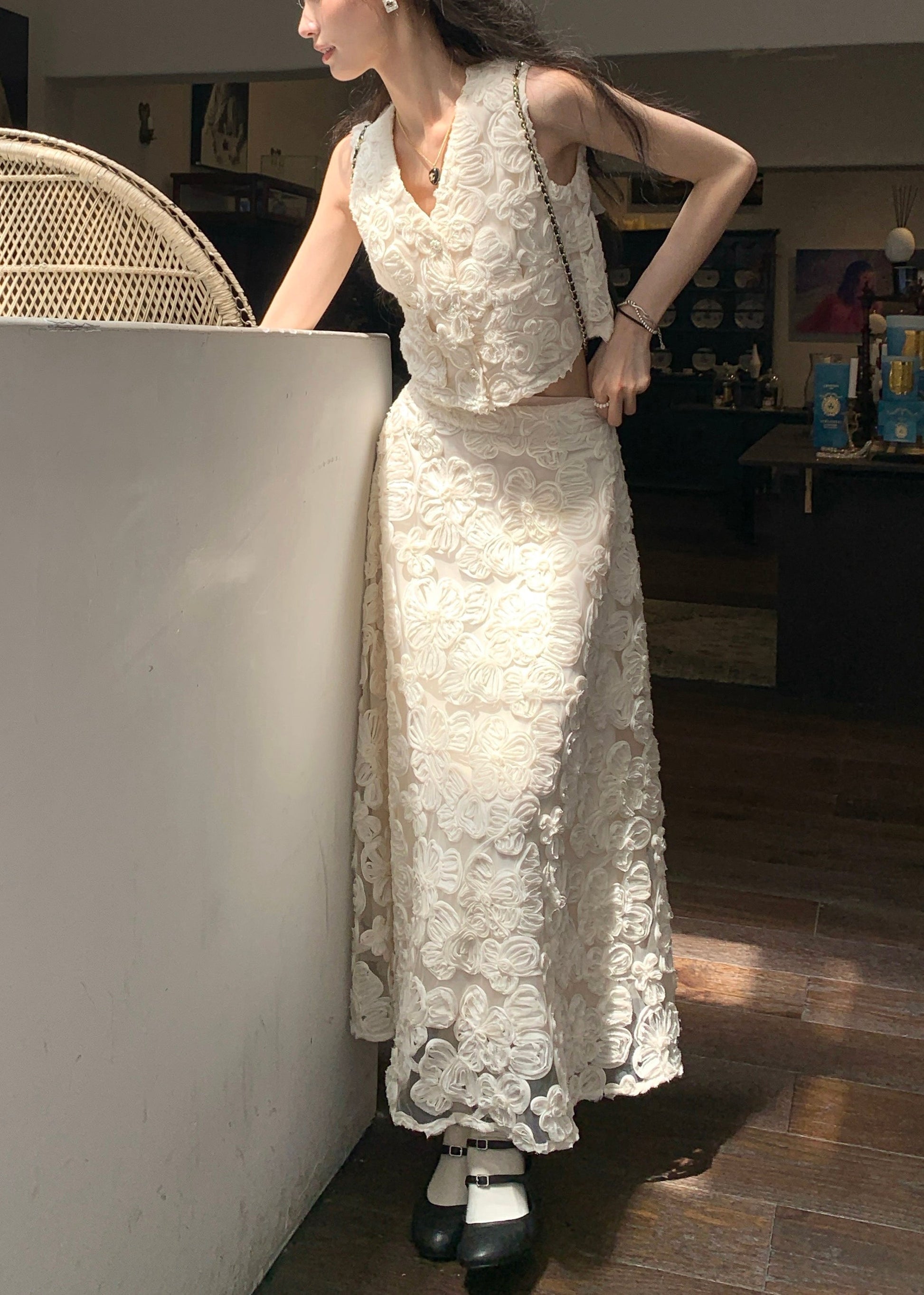 Elegant Beige Neck Cotton Floral V Two Set Pieces Waist High FashionChic