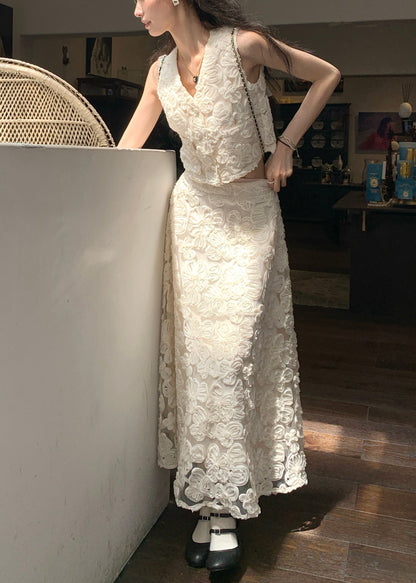 Elegant Beige Neck Cotton Floral V Two Set Pieces Waist High FashionChic