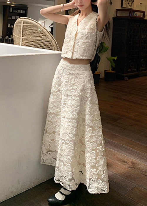 Elegant Beige Neck Cotton Floral V Two Set Pieces Waist High FashionChic