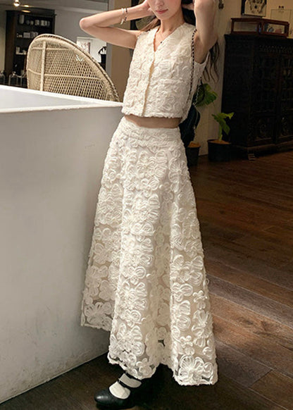 Elegant Beige Neck Cotton Floral V Two Set Pieces Waist High FashionChic