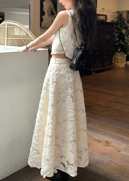 Elegant Beige Neck Cotton Floral V Two Set Pieces Waist High FashionChic