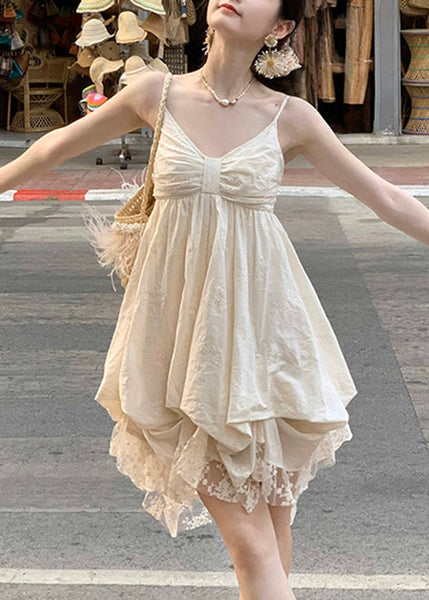 Elegant V Mini Dresses Beige Cotton Sleeveless Neck Lace FashionChic