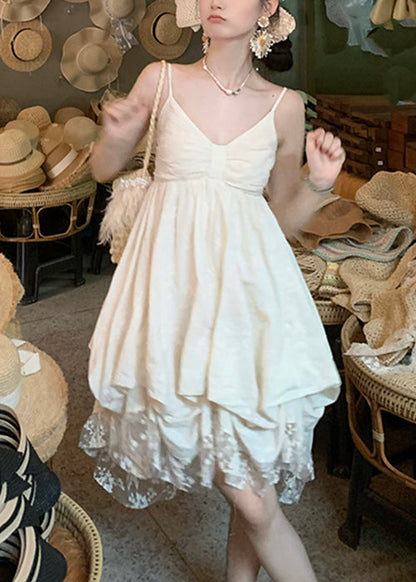 Elegant V Mini Dresses Beige Cotton Sleeveless Neck Lace FashionChic