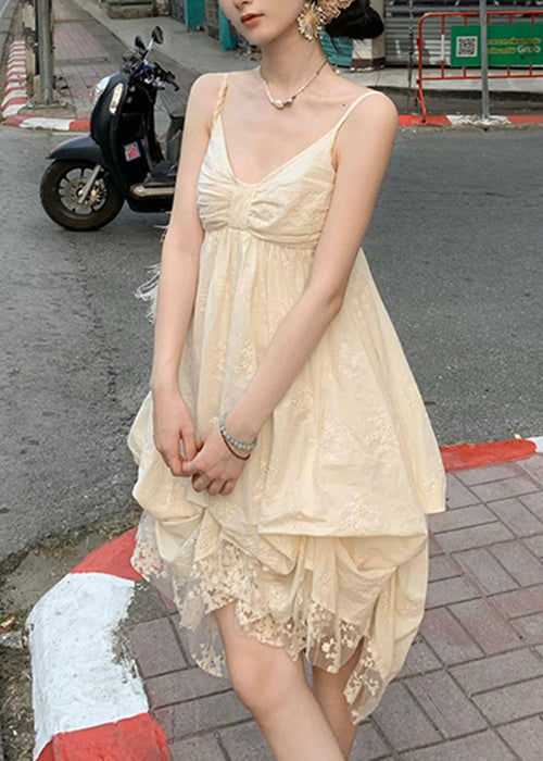 Elegant V Mini Dresses Beige Cotton Sleeveless Neck Lace FashionChic