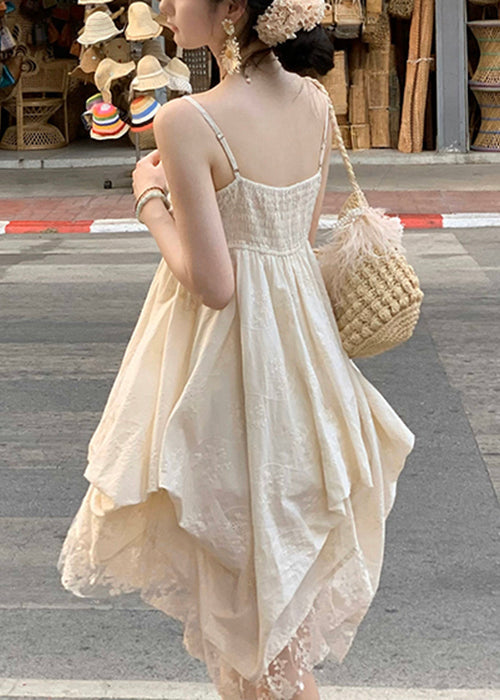 Elegant V Mini Dresses Beige Cotton Sleeveless Neck Lace FashionChic
