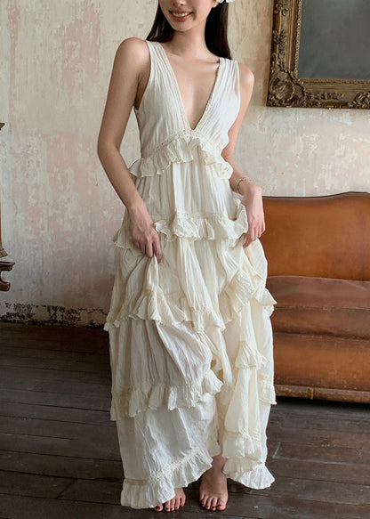 Elegant Beige V Neck Ruffled Solid Cotton Long Dresses Summer ZL011 SH-LF-SDL240621