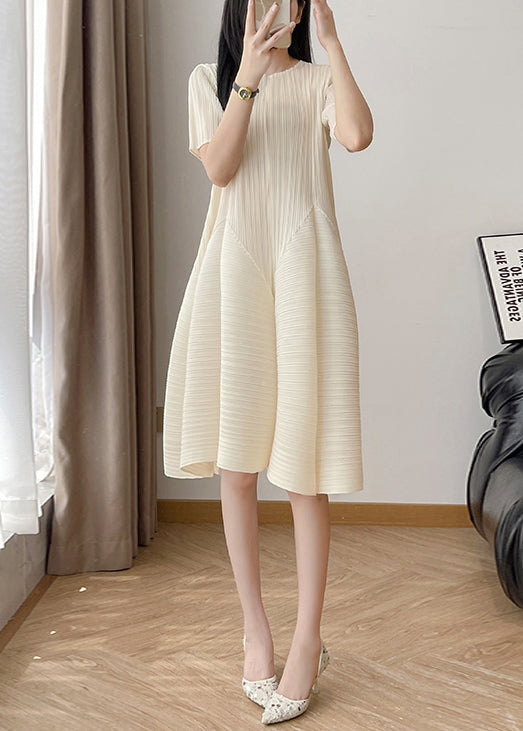 Wrinkled Waist High Cotton Elegant Solid Beige Dresses FashionChic