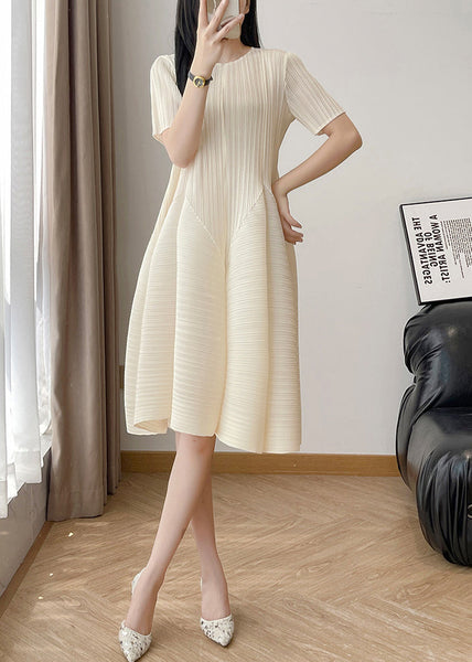 Wrinkled Waist High Cotton Elegant Solid Beige Dresses FashionChic