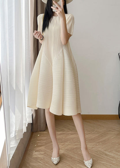 Wrinkled Waist High Cotton Elegant Solid Beige Dresses FashionChic