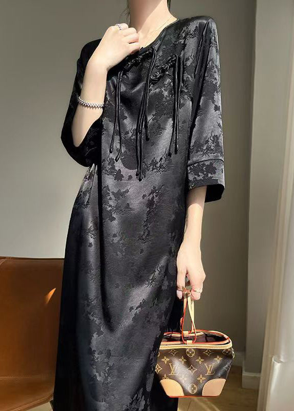 Elegant Black Chinese Button Solid Silk Dresses Fall AB1034 Genistyle Shop