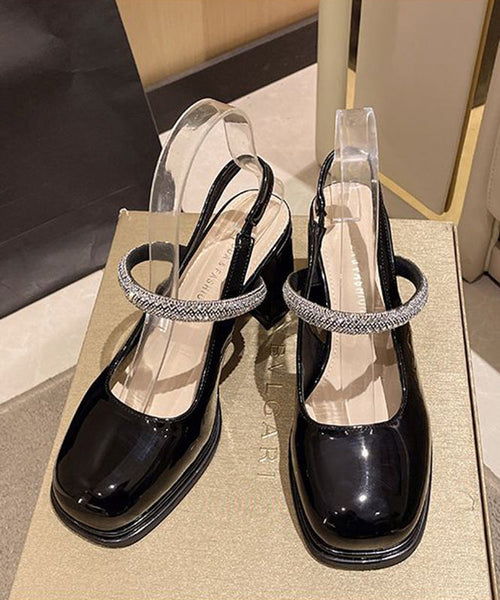 Elegant Black Cowhide Leather Cross Strap Chunky High Heels SL1020 Ada Fashion