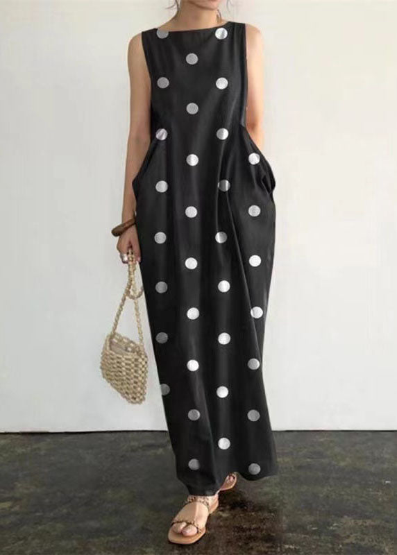 Elegant Black Dot Print Pockets Long Dresses Sleeveless VB1053 Ada Fashion