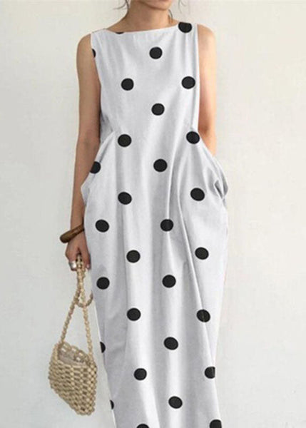 Elegant Black Dot Print Pockets Long Dresses Sleeveless VB1053 Ada Fashion