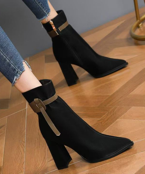 Elegant Black Faux Leather Splicing Boots Pointed Toe TE006 ABC