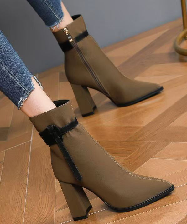 Elegant Black Faux Leather Splicing Boots Pointed Toe TE006 ABC