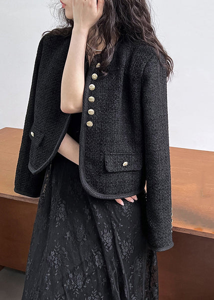 Elegant Black O-Neck Button Woolen Coat Long Sleeve QE061 HS-CTS240925