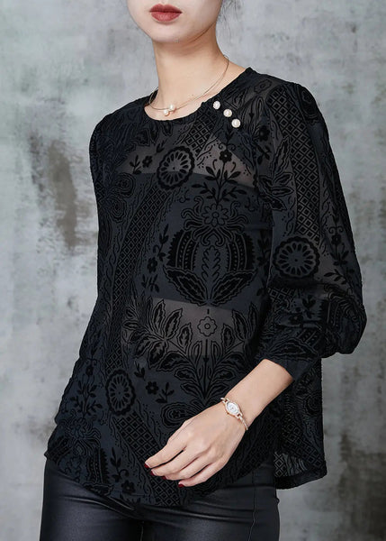 Elegant Black O-Neck Jacquard Lace Tops Spring Ada Fashion
