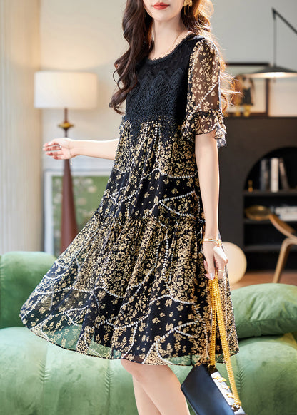 Print Chiffon Summer O Patchwork Dress Elegant Lace Neck Black FashionChic