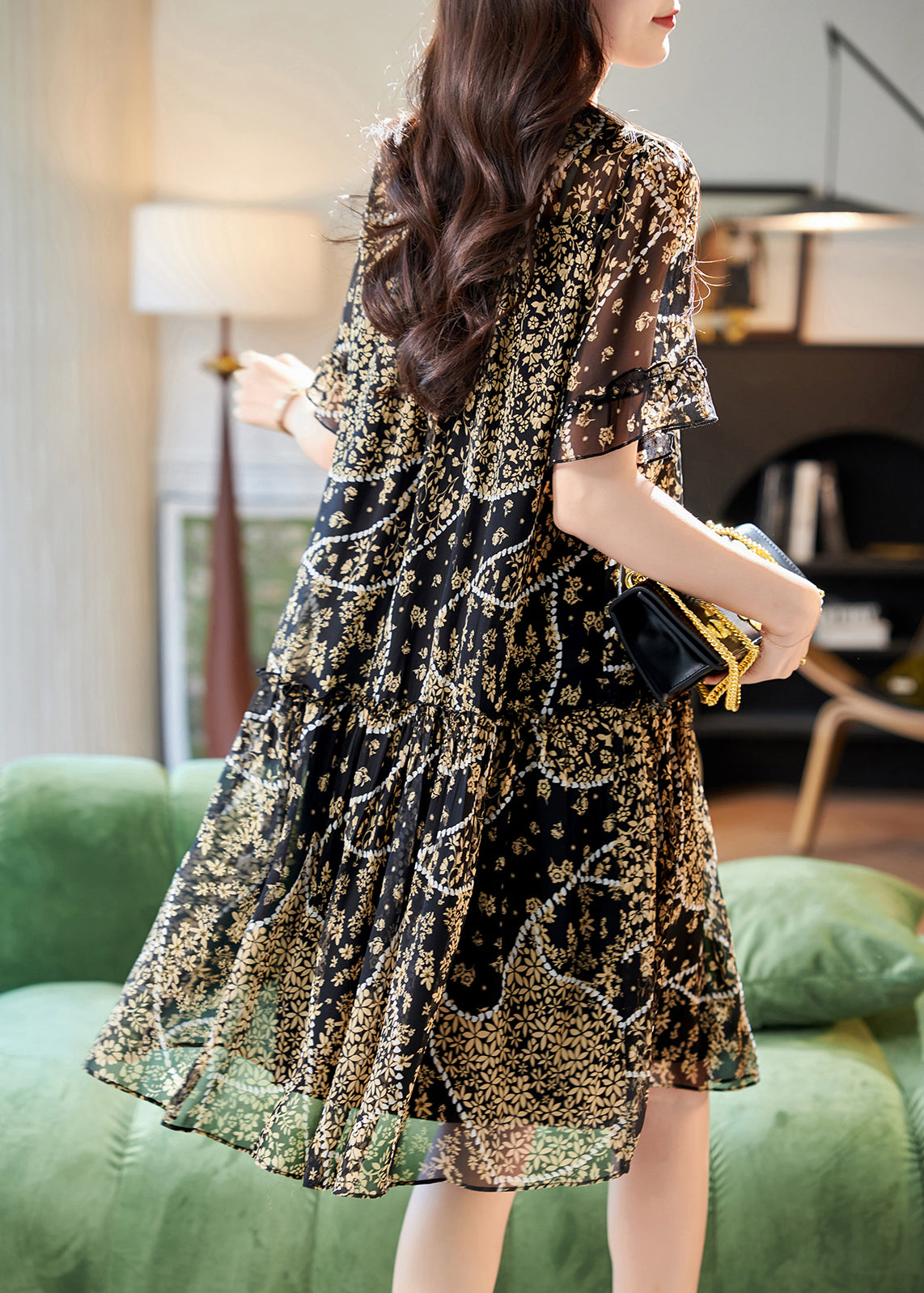 Print Chiffon Summer O Patchwork Dress Elegant Lace Neck Black FashionChic