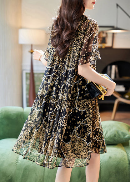 Print Chiffon Summer O Patchwork Dress Elegant Lace Neck Black FashionChic