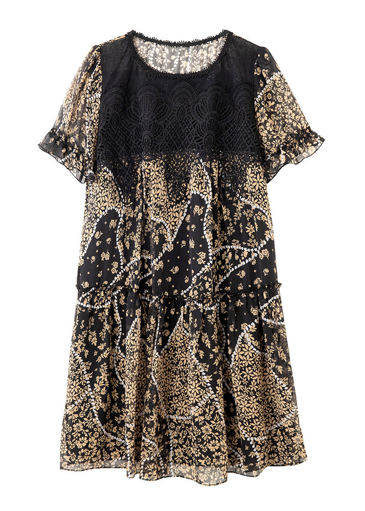 Print Chiffon Summer O Patchwork Dress Elegant Lace Neck Black FashionChic