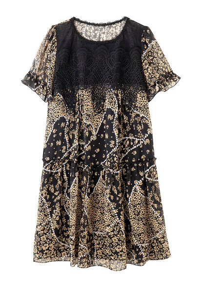 Print Chiffon Summer O Patchwork Dress Elegant Lace Neck Black FashionChic