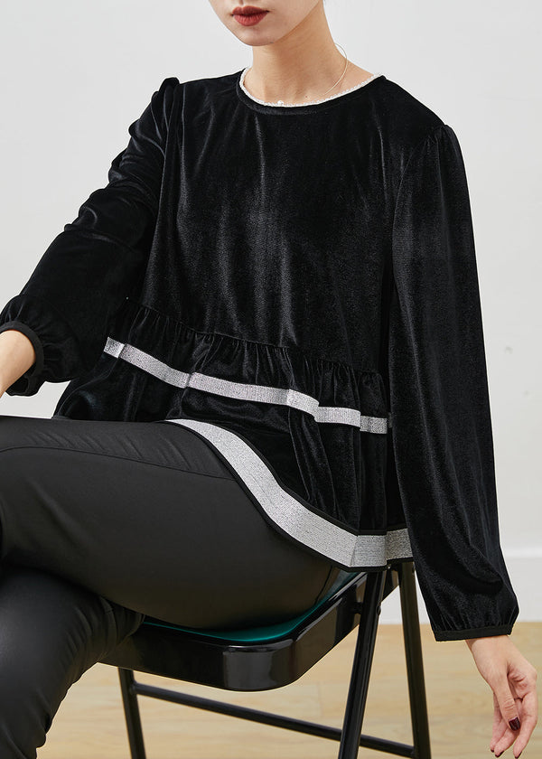 Elegant Black O-Neck Patchwork Silk Velvet Sweatshirt Top Spring YU1054 Ada Fashion