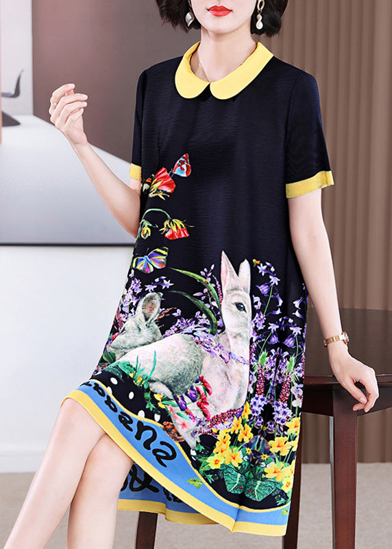 Elegant Black O-Neck Print Long a Line Dress Short Sleeve GH1014 Ada Fashion