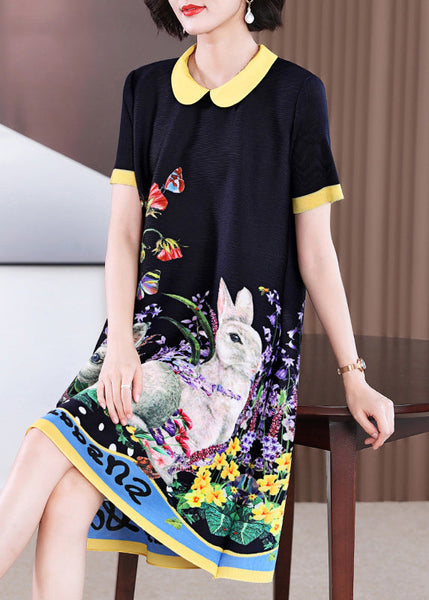 Elegant Black O-Neck Print Long a Line Dress Short Sleeve GH1014 Ada Fashion