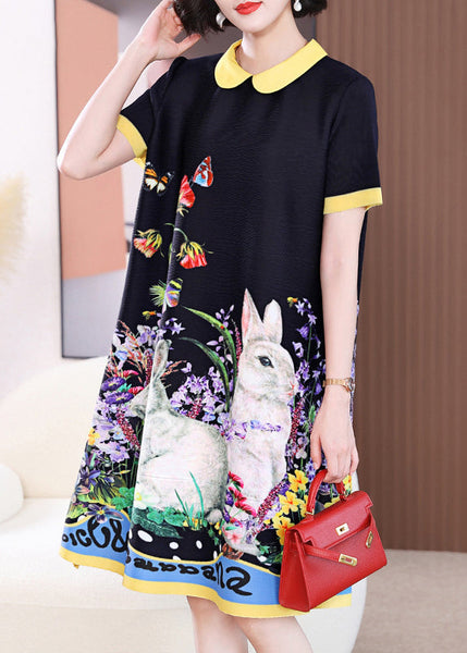 Elegant Black O-Neck Print Long a Line Dress Short Sleeve GH1014 Ada Fashion