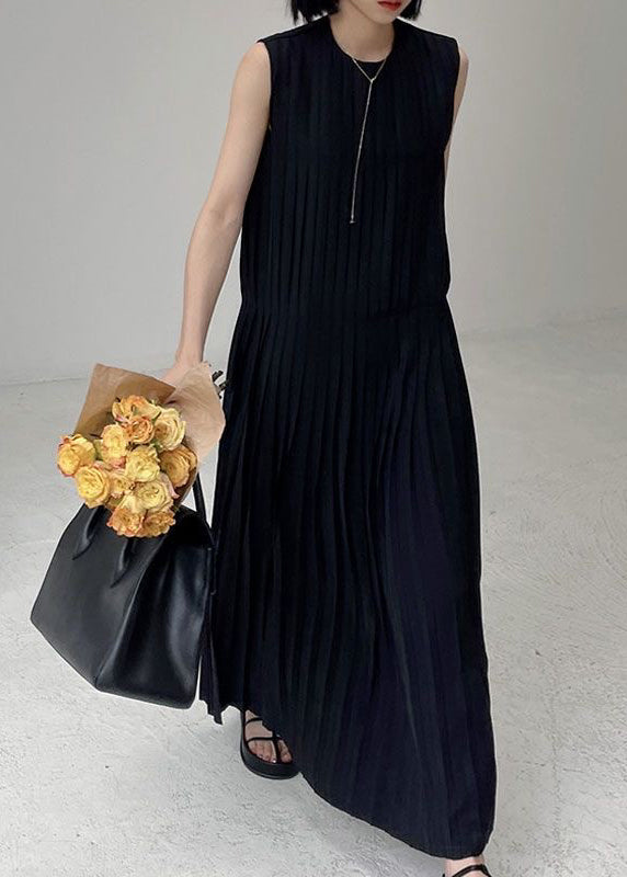 Elegant Black O-Neck Wrinkled Chiffon Long Dress Summer UU1003 SH-LF-SDL240526