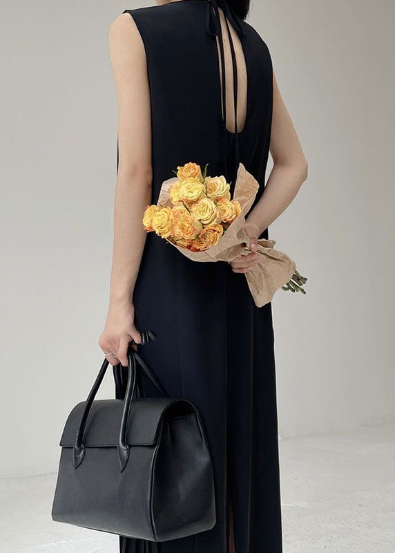 Elegant Black O-Neck Wrinkled Chiffon Long Dress Summer UU1003 SH-LF-SDL240526