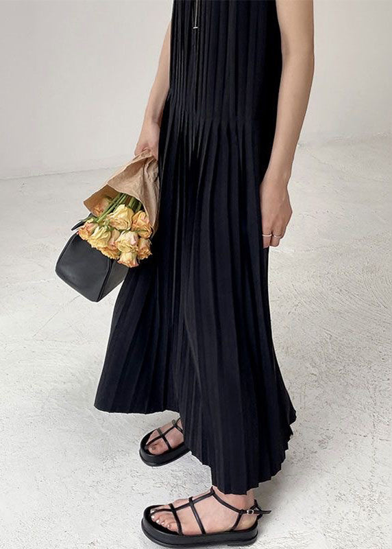 Elegant Black O-Neck Wrinkled Chiffon Long Dress Summer UU1003 SH-LF-SDL240526