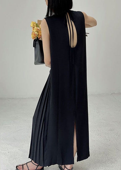 Elegant Black O-Neck Wrinkled Chiffon Long Dress Summer UU1003 SH-LF-SDL240526