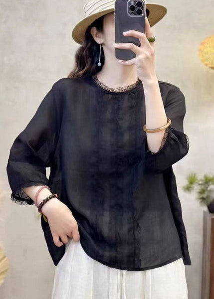 Shirt Black Linen Patchwork Eyelash Tops Oversized Elegant FashionChic