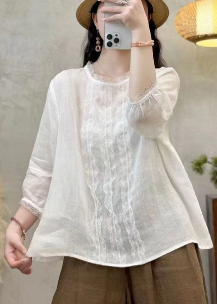 Shirt Black Linen Patchwork Eyelash Tops Oversized Elegant FashionChic